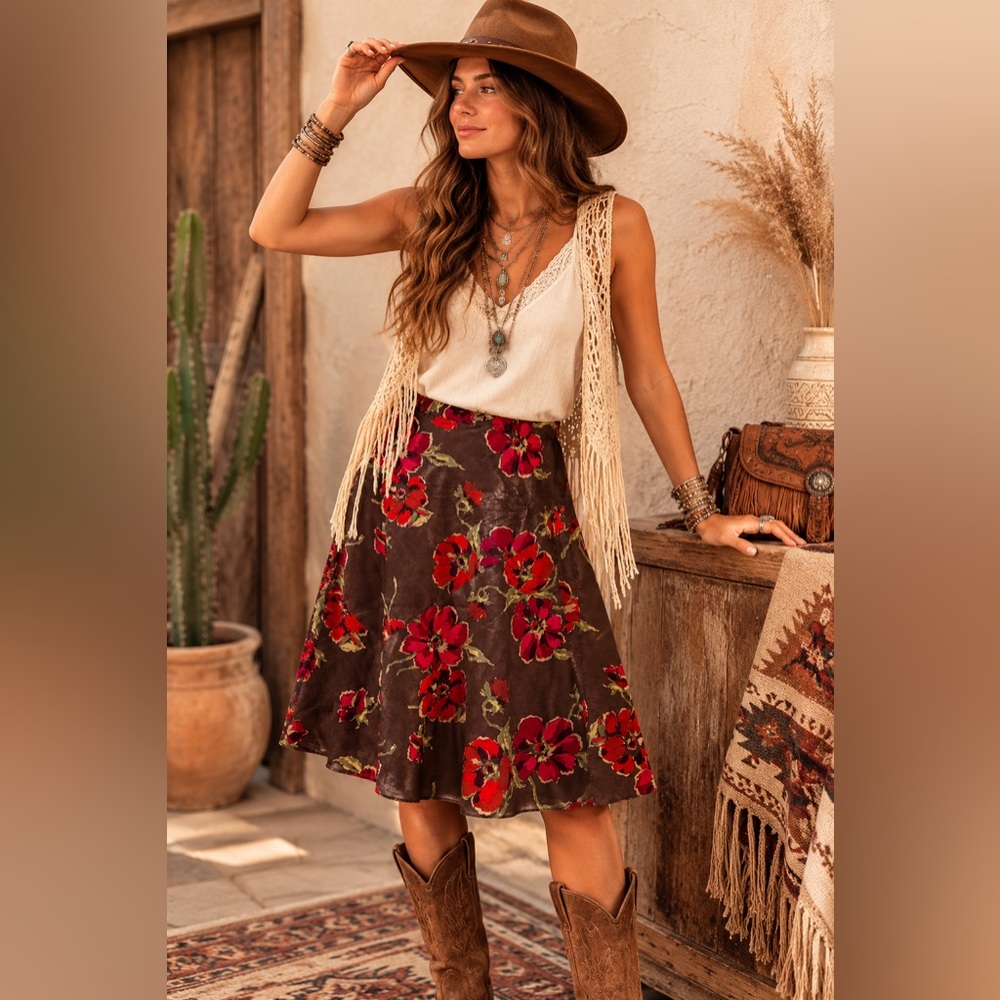 Sundance Silk Wool Floral Skirt Brown Red A-Line Midi Size 8